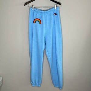 Aviator Nation Light Blue Track Pants with Rainbow Patch